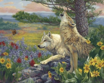New Large WOLVES in the SPRING WOLF Pack in field of flowers 100% Cotton Panel for quilts, crafts, wall hanging Style #9