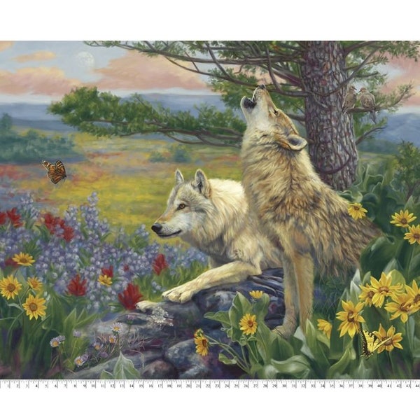 New Large WOLVES in the SPRING WOLF Pack in field of flowers 100% Cotton Panel for quilts, crafts, wall hanging Style #9