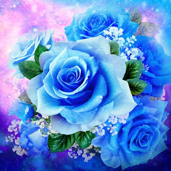 New American Beauty BLUE ROSE Digital Panel 100% Cotton Panel for