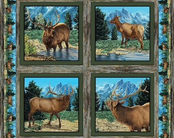 May include: A fabric panel featuring four distinct square scenes of elk in mountainous landscapes with evergreen trees and water. The scenes are framed by a weathered wood-look border, with vertical strips of repeating elk imagery on the sides.