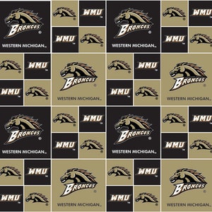 May include: A repeating pattern featuring the Western Michigan University Broncos logo and the letters "WMU" in a grid. The design incorporates the team's logo, a bronco, and is set against black and gold backgrounds.