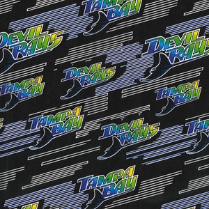 May include: A black background with a repeating pattern of the words "Tampa Bay" and "Devil Rays" in a rainbow gradient. The words are stylized with a stingray silhouette behind them.