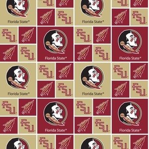 May include: A seamless pattern featuring the Florida State Seminoles logo, a Native American warrior's head with a feather headdress, and the letters "FSU" in a gold and maroon color scheme.