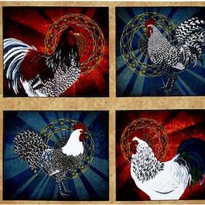 May include: A fabric panel with nine colorful squares featuring roosters with different colored feathers and patterns. Each rooster is surrounded by a circular design with a gold border. The background of each square is a combination of red, blue, and white.