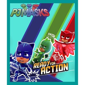 May include: A colorful illustration featuring the PJ Masks characters, Gekko, Owlette, and Catboy. The characters are in action poses with the text "Ready for Action" and "Whoosh", "Swosh", and "Swoop" written around them.