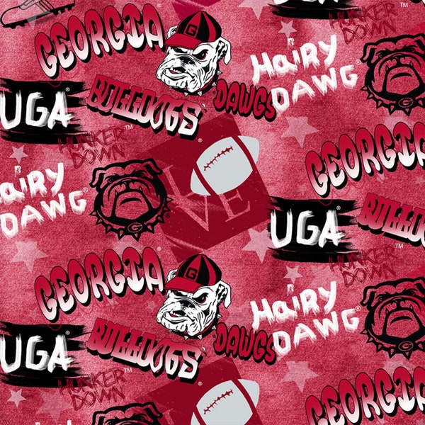 NCAA GEORGIA BULLDOGS Sprayed Print Football 100% cotton fabric material, you choose length, licensed for Quilts, Crafts