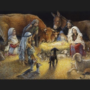 May include: A nativity scene with a baby in a manger surrounded by animals, including a cow, donkey, sheep, and cats. The scene is set in a barn with straw on the floor.