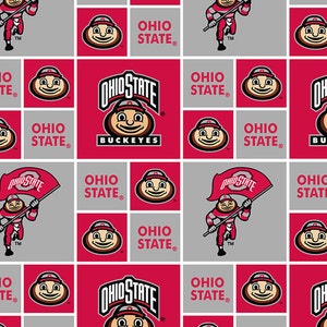May include: A repeating pattern featuring the Ohio State Buckeyes logo and mascot in red, white, and gray squares. The design includes the team name, mascot, and the words "OHIO STATE" in a bold font. The overall theme is collegiate sports.