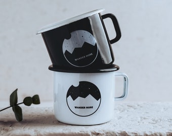 Set of 2 Enamel Mugs • Camping Mug Set • Outdoor Adventure • Two Picnic Cups • Set of Mountain Motif Coffee Cups • Monochrome Wander More