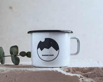 Enamel Camping Mug Wander More • Hiking Campfire Enamelware • Outdoor Adventure Cup • Mountain Motif Coffee Cup • Monochrome Wanderlust Mug