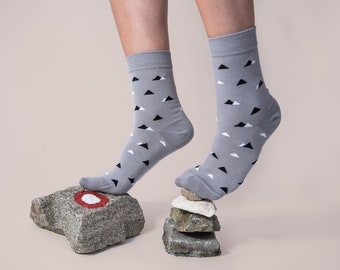 Gray Triangle Pattern Socks • Urban Hiker Cotton Socks • Casual Cotton Socks • Monochrome Hiking Socks • Outdoor Adventure Socks