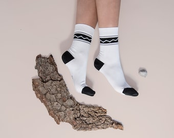 White Retro Socks • Urban Hiker Cotton Socks • Casual Cotton Socks • Outdoor Hiking Socks • Black and White Pattern Socks