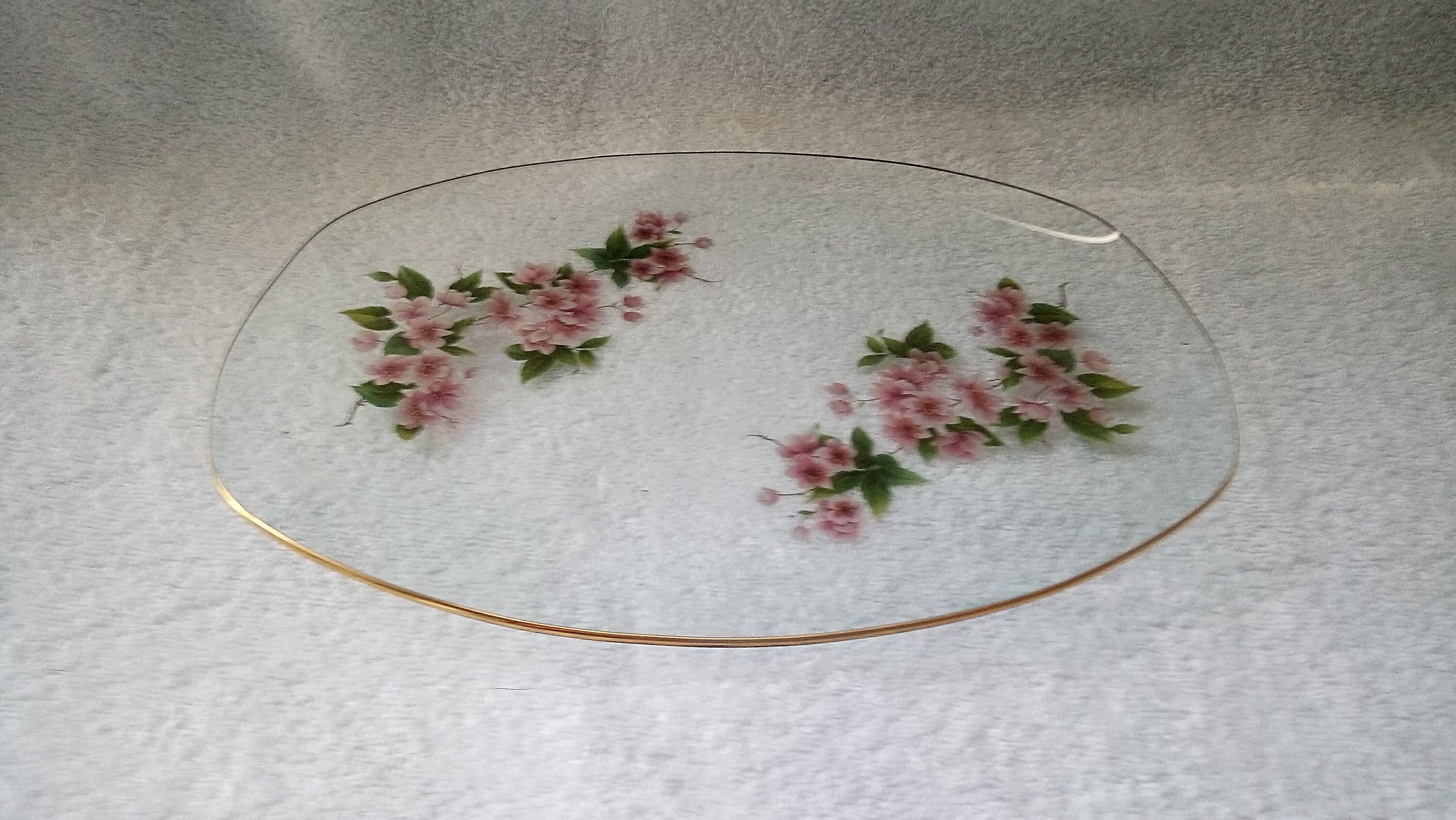 Image of 13'' Chance Glass Pink Flowers Oval Tray/Plate. Gilt Rim - Classic Vintage 1960's Table Glassware