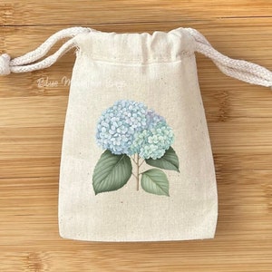 10 Blue Hydrangea muslin cotton drawstring bags / cotton pouch, birthday party bags, baby shower bags, gift bags, goodie bags, reusable bags