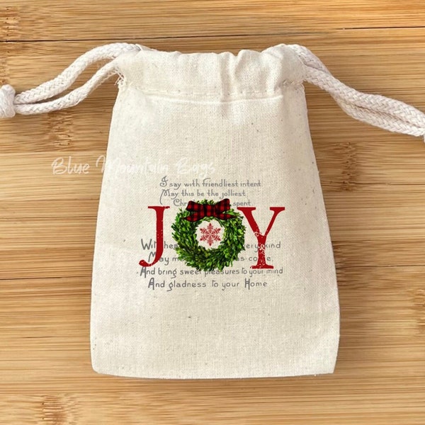 10 3x5, 4x6 or 5x7 Christmas Joy muslin cotton drawstring bags/ pouches - Christmas favor bag, candy pouch, gift card holder, soap bag