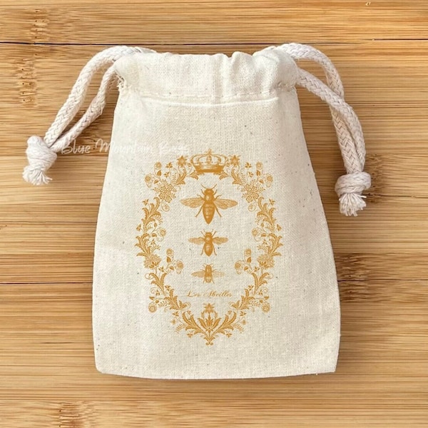 10 3x5, 4x6 or 5x7  Queen Bee muslin cotton drawstring bags / pouch - weddings favor bag, Christmas bag, jewelry pouch, birthday party bag