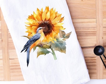 Sunflower with Bluebird Kitchen cotton tea towel - Gift under 15, housewarming gift, Farmhouse Decor, Fall tea towel, Autumn, hostess gift