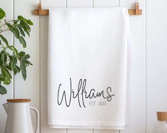 Personalized Wedding Gift - Kitchen flour sack cotton tea towel - Custom Name Tea Towel - Gift under 15, housewarming gift, Bridal gift