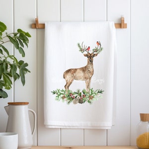 Vintage Christmas Deer Tea Towel: Cotton Flour Sack Dish Towel