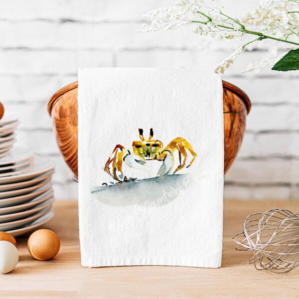 Watercolor Crab cotton kitchen tea towel - flour sack - Christmas Gift, housewarming gift, beach tea towel, hostess gift, hand towel