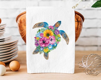 Floral Sea Turtle cotton kitchen tea towel - Christmas gift, flour sack, hostess gift, housewarming gift, beach hand towel, nautical towel