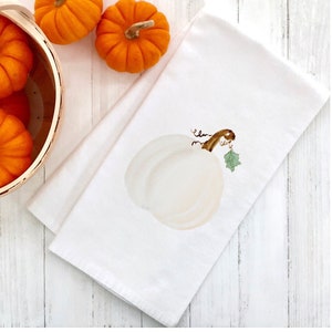 Harvest Watercolor Pumpkin Kitchen Tea Towel cream colored pumpkin Autumn flour sack, fall tea towel, gift for her, hostess gift image 1