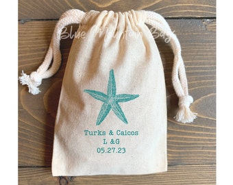 10 Personalized Teal Starfish wedding favor bags - Destination, Initials and Date - muslin cotton drawstring bags, bachelorette bags