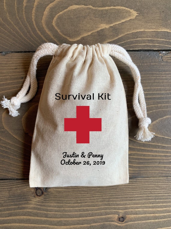 Personalized 10 3x5, 4x6 or 5x7 Survival Kit muslin cotton drawstring bags pouches wedding favor bag, Bachelorette Bachelor party bag Il_570xn