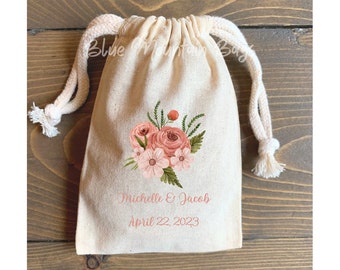 10 Personalized Dusty Rose Floral wedding favor bags - Names and Date - muslin cotton drawstring bags, wedding pouches, bachelorette bags