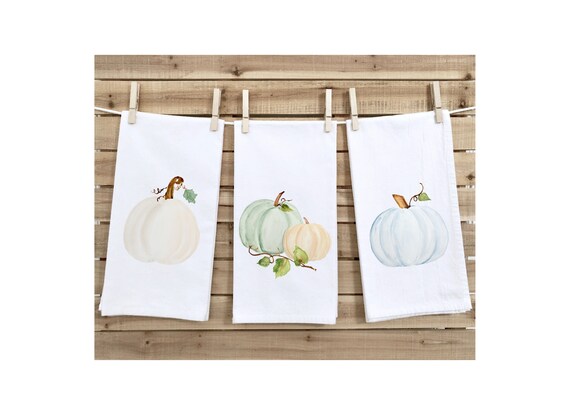 Set of 3 Harvest Watercolor Pumpkins Kitchen Tea Towels - colors cream, orange, blue and green pumpkins - Autumn flour sack, fall tea towel Il_570xn