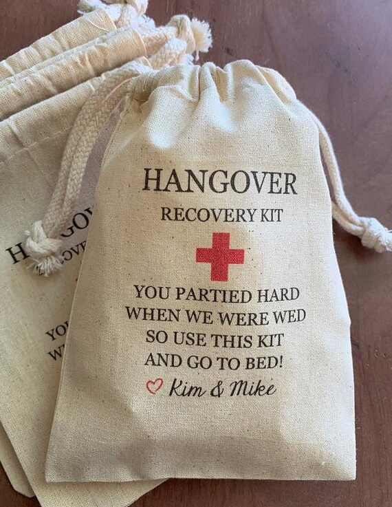10 Personalized 3x5, 4x6 or 5x7 Hangover Recovery Kits muslin cotton drawstring bags - wedding favor bag, bridal party favor bag, bachelor Il_570xn
