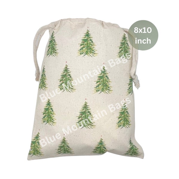 8x 10 inch Handmade Reusable Christmas Tree muslin cotton drawstring bag, gift bag, favor bag, party bag, fabric gift bag, eco friendly bag