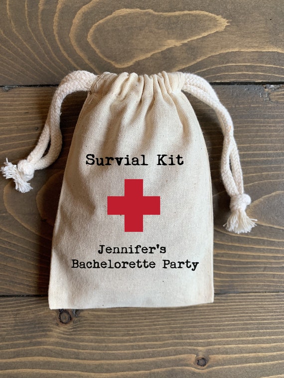 Personalized 10 3x5, 4x6 or 5x7 Survival Kit muslin cotton drawstring bags pouches - wedding favor bag, Bachelorette Bachelor party bag Il_570xn