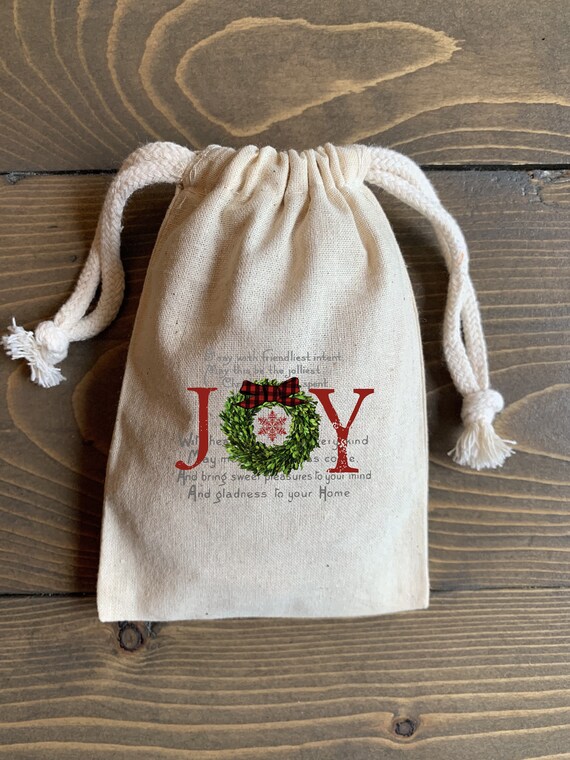 10 3x5, 4x6 or 5x7 Christmas Joy muslin cotton drawstring bags/ pouches - Christmas favor bag, candy pouch, gift card holder, soap bag Il_570xn
