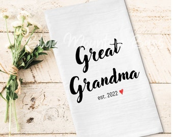 Pregnancy Announcement - Custom cotton flour sack tea towel - choice of date - Great Grandma to be - baby announcement Mother's Day Gift