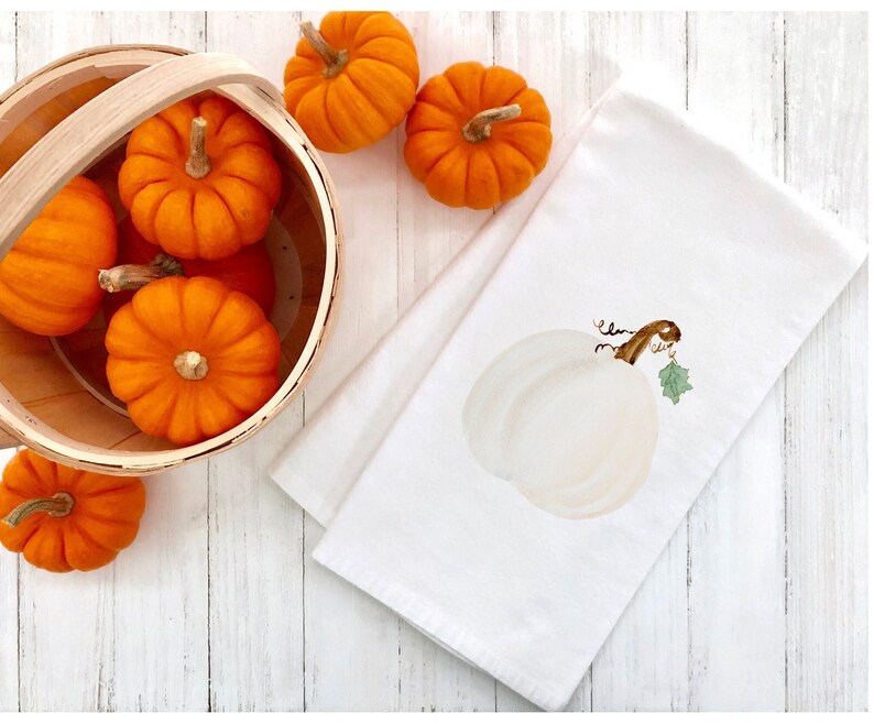 Harvest Watercolor Pumpkin Kitchen Tea Towel cream colored pumpkin Autumn flour sack, fall tea towel, gift for her, hostess gift image 1