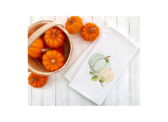 Harvest Watercolor Pumpkin Kitchen Tea Towel - green and orange pumpkin - Autumn flour sack, fall tea towel, gift for her, hostess gift Il_570xn