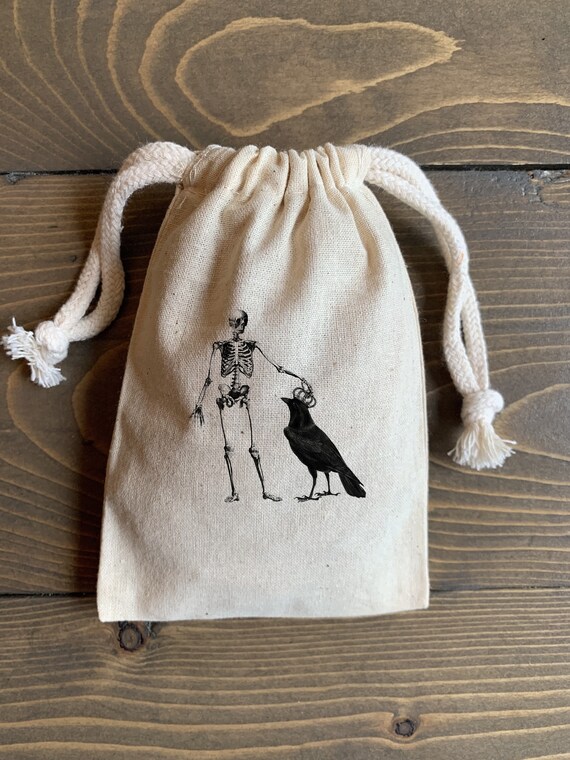 candy pouch favor bag gift bag 10 3x5 party bag 4x6 or 5x7 Halloween Skeleton Black Crow muslin cotton drawstring bags pouches