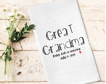 Pregnancy Announcement - Custom cotton flour sack tea towel - Mother's Day Gift- Great Grandma again - baby birth announcement