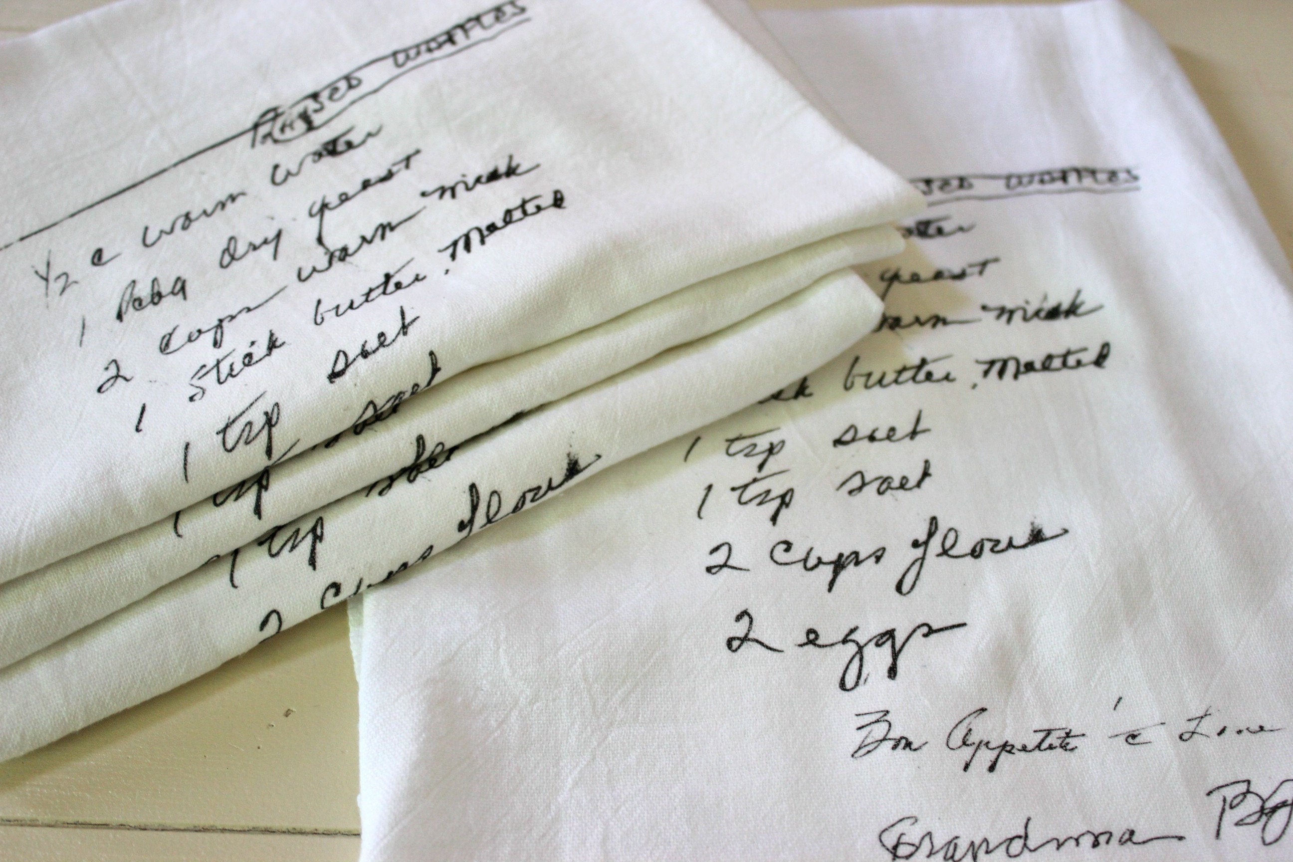 4 Serviettes de Thé en Coton Recette Personnalisée avec Votre Manuscrite Grand-Mère Préférée, Cadeau