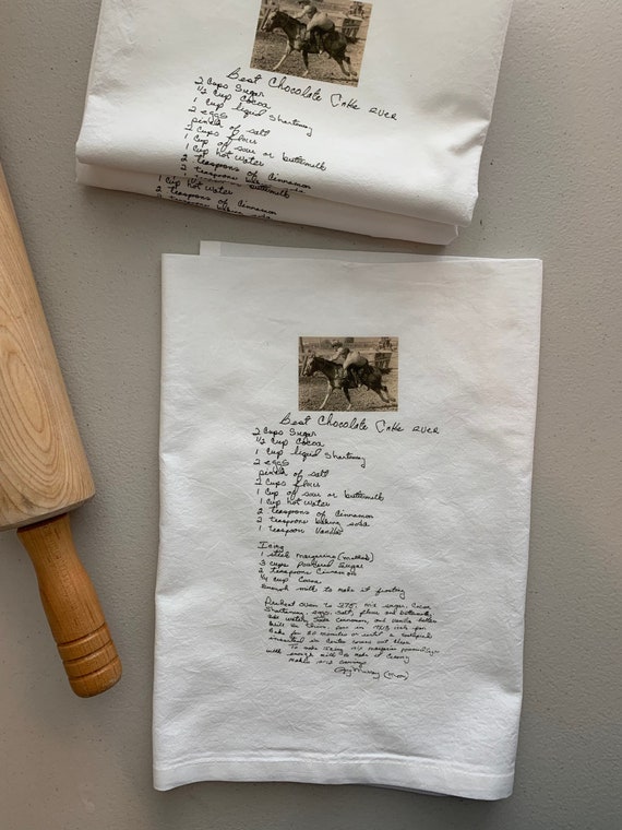 2 Photo Recipe cotton tea towels - Handwritten recipe with choice of photo - Christmas gift, birthday gift, Mother's Day Gift, gift for her Il_570xn