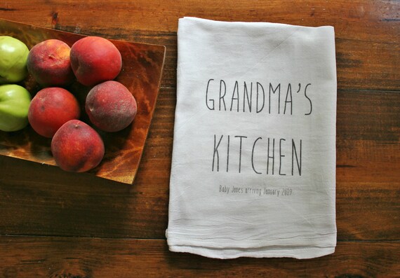 Grandma's Kitchen - Pregnancy Birth Announcement - Custom cotton flour sack tea towel - Grandma to be - baby announcement Christmas Gift Il_570xn