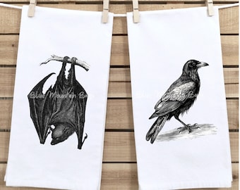 Set of 2 Vintage Halloween Black Bat and Raven cotton kitchen tea towels - flour sack, housewarming gift, hostess gift, spooky towel