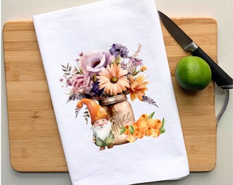 Cute Gnome with Peaches and Flower Mason Jar cotton kitchen tea towel, cotton flour sack, Christmas gift, housewarming gift, hostess gift