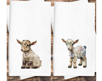 Set of 2 Goat cotton kitchen tea towels, flour sack tea towel, hostess gift, modern farmhouse decor, goat dish towel, kitchen gift