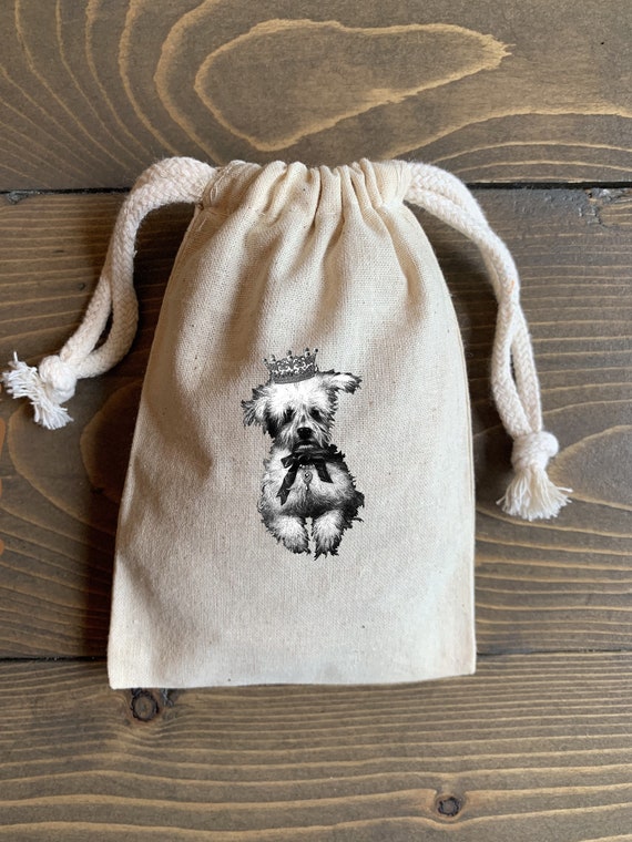 10 3x5, 4x6 or 5x7 Yorkie dog muslin cotton drawstring bags pouch Christmas, birthday party bags, baby shower favor bags Il_570xn