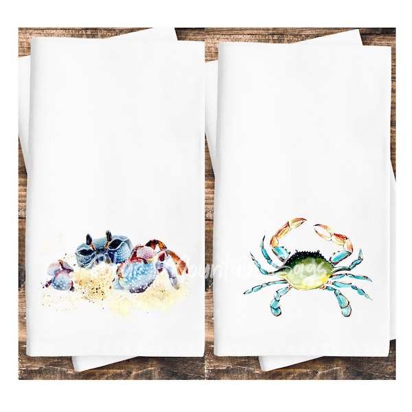 Set of 2 cotton kitchen tea towels - Watercolor Blue Crabs - Christmas gift, flour sack, hostess gift, housewarming gift, beach, nautical