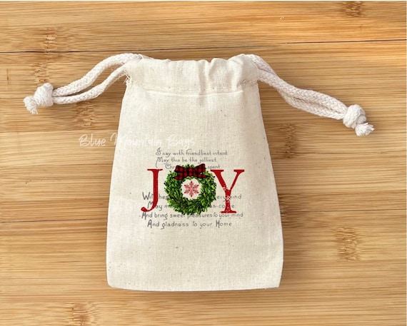 10 3x5 4x6 or 5x7 Christmas Joy Muslin Cotton Drawstring Bags