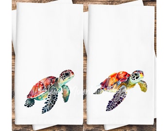 Set of 2 cotton kitchen tea towels - Watercolor Sea Turtles Christmas gift, flour sack, hostess gift, housewarming gift, beach, nautical