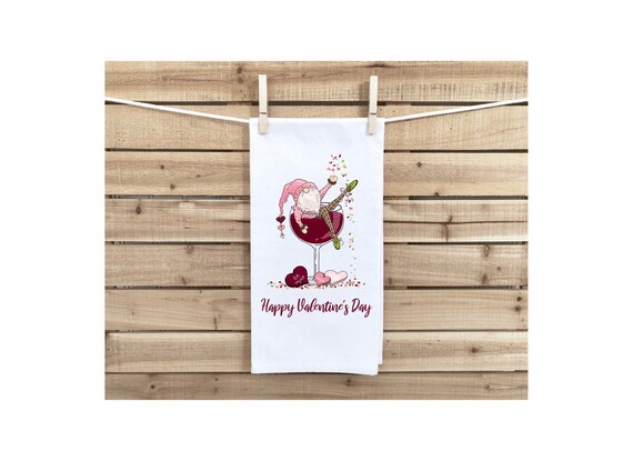 Happy Valentine's Day Gnome in Wine Glass Kitchen cotton flour sack tea towel Valentine's Day, housewarming gift, gift under 15, wine lover Il_570xn
